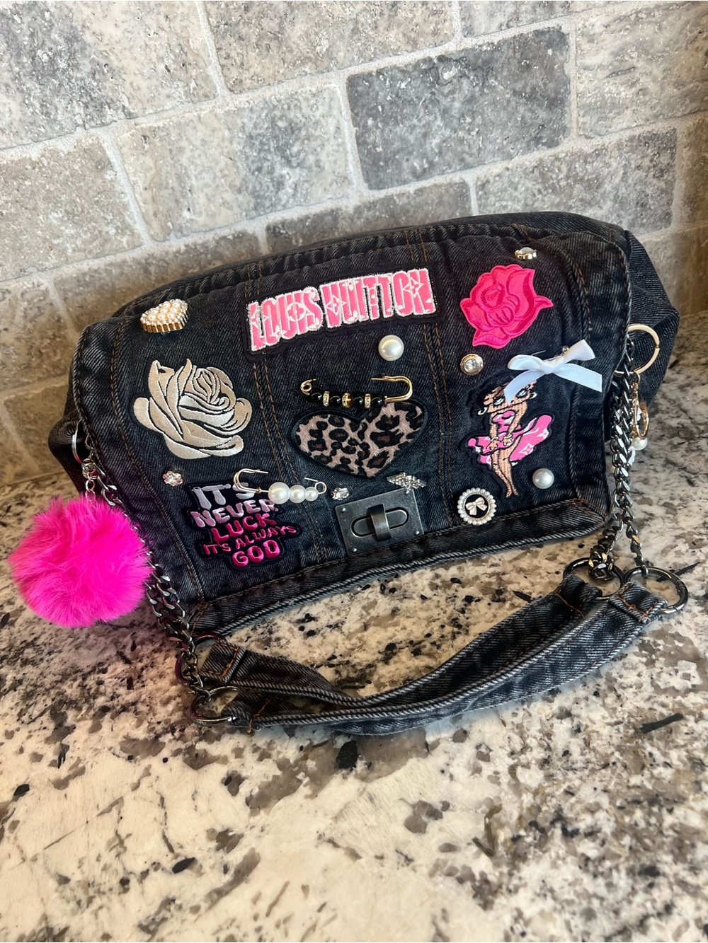 Embellished Black Denim Shoulder Bag with Patches and Pink Accents “Junk” Purse